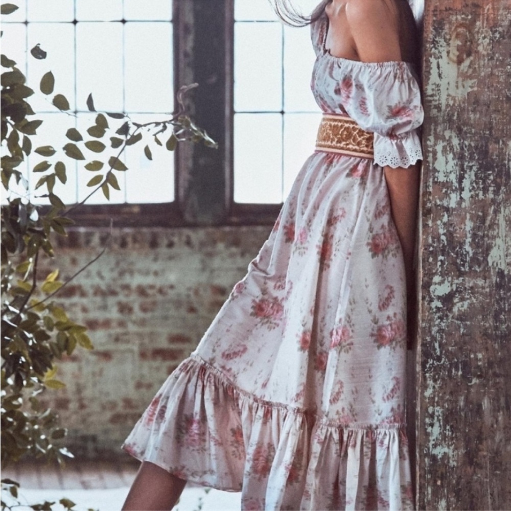 LoveShackFancy Terrence Dress 100% Silk - Pockets Ruffle Hem Puff Sleeve Eyelet - Picture 6 of 17